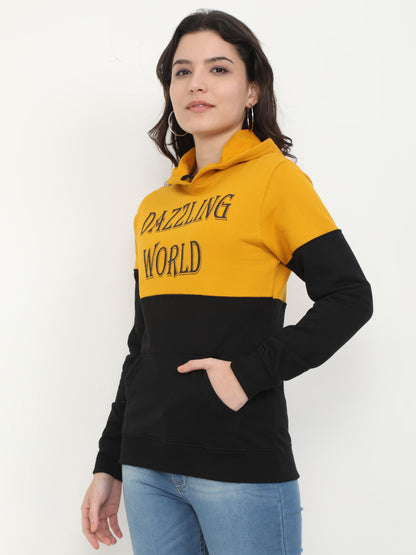 Women's Cotton Printed Mustardblack Color Sweatshirt/Hoodies
