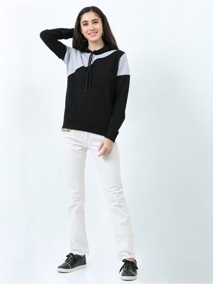 Women's Cotton Color Block Greyblack Color Sweatshirt Hoodies