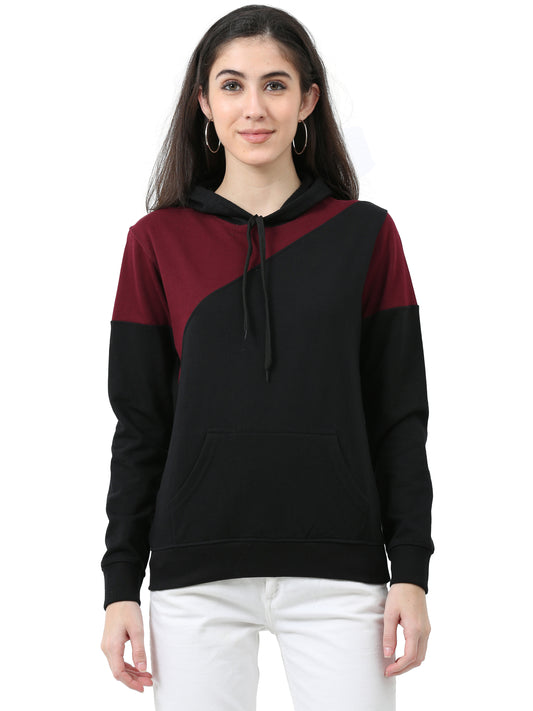 Women's Cotton Color Block Maroonblack Color Sweatshirt Hoodies