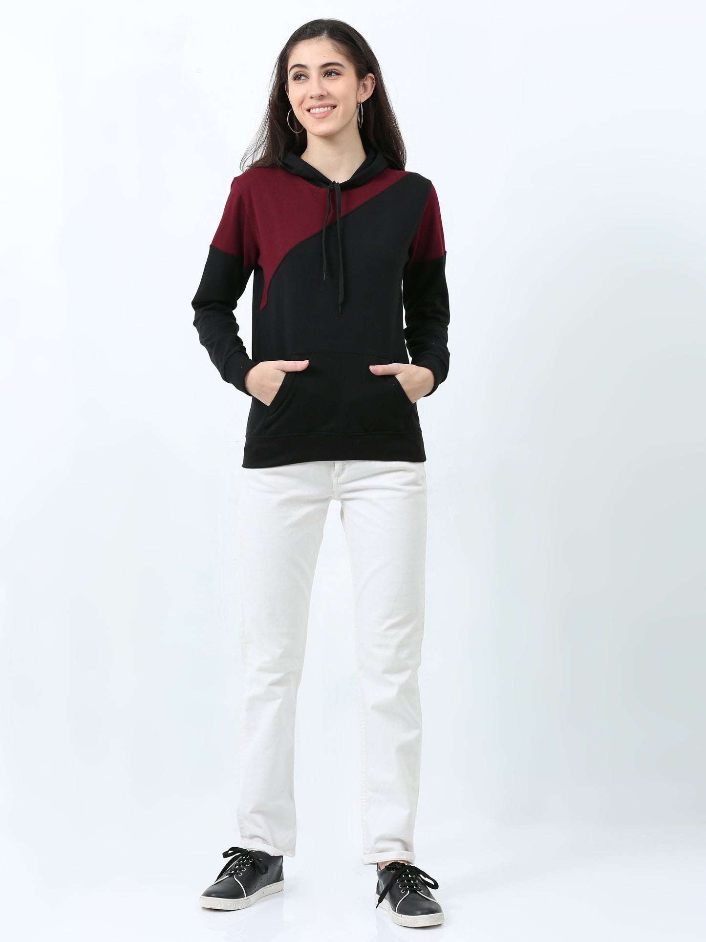 Women's Cotton Color Block Maroonblack Color Sweatshirt Hoodies