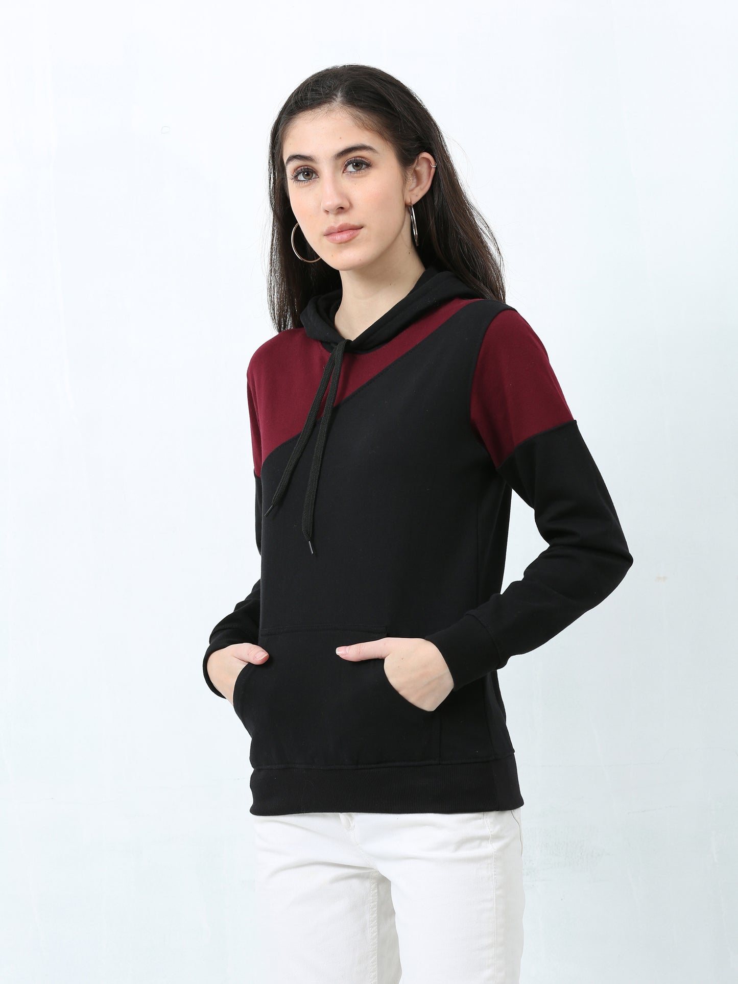 Women's Cotton Color Block Maroonblack Color Sweatshirt Hoodies