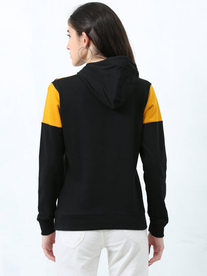 Women's Cotton Color Block Mustardblack Color Sweatshirt Hoodies
