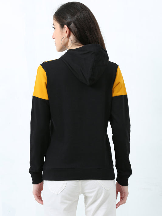Women's Cotton Color Block Mustardblack Color Sweatshirt Hoodies