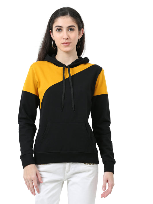 Women's Cotton Color Block Mustardblack Color Sweatshirt Hoodies