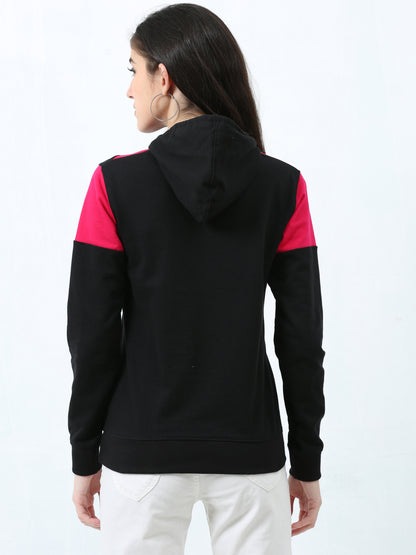 Women's Cotton Color Block Pinkblack Color Sweatshirt Hoodies