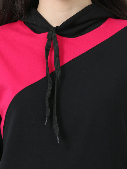 Women's Cotton Color Block Pinkblack Color Sweatshirt Hoodies