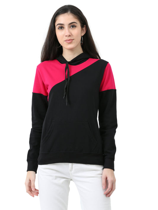 Women's Cotton Color Block Pinkblack Color Sweatshirt Hoodies