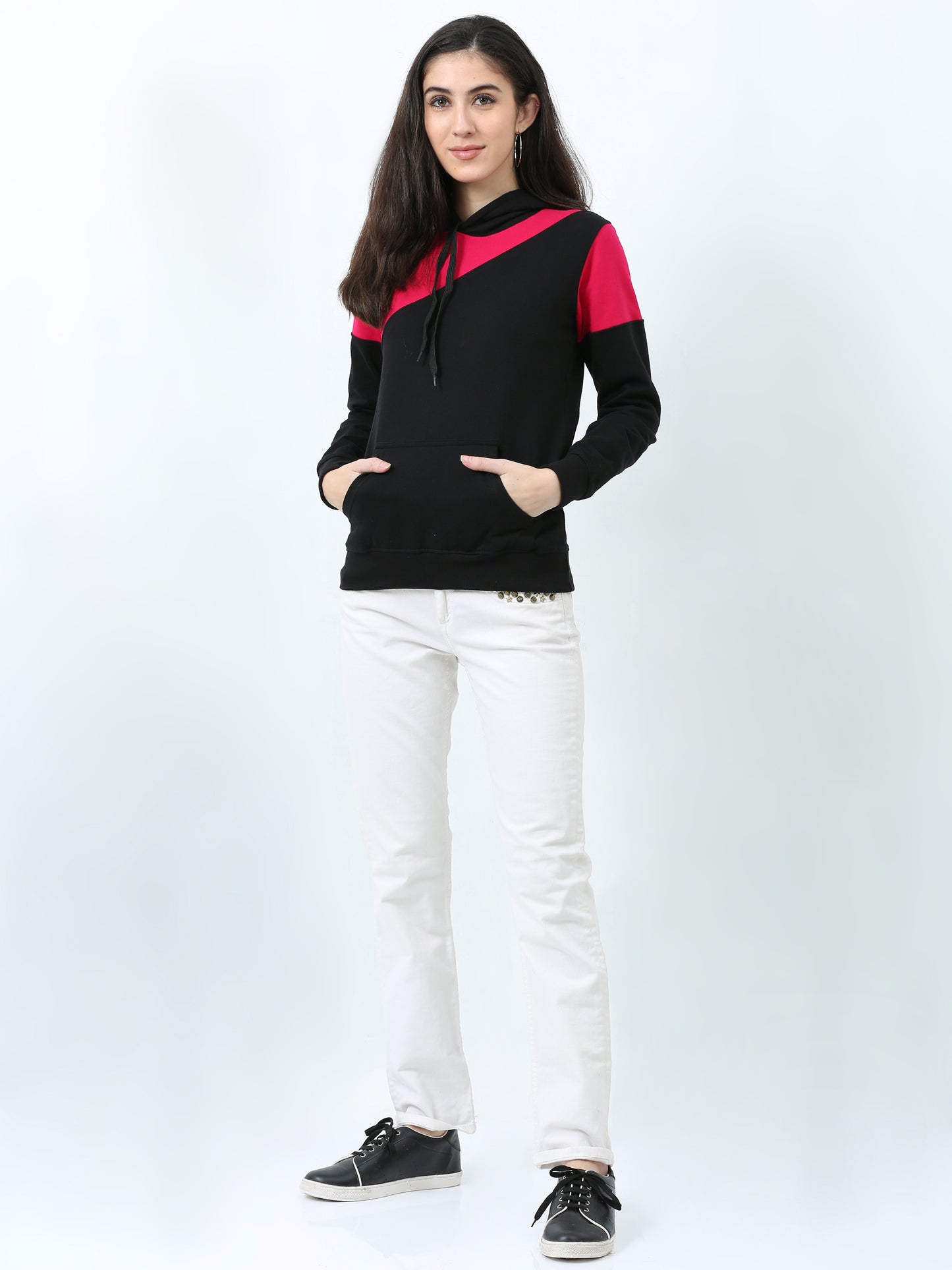 Women's Cotton Color Block Pinkblack Color Sweatshirt Hoodies