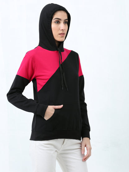Women's Cotton Color Block Pinkblack Color Sweatshirt Hoodies