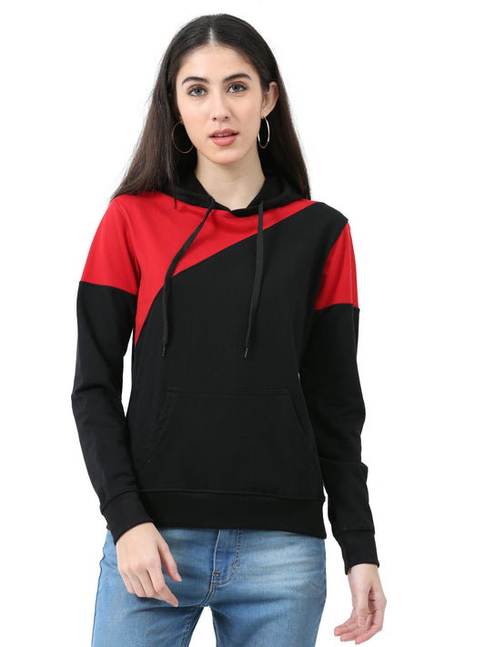 Women's Cotton Color Block Redblack Color Sweatshirt Hoodies