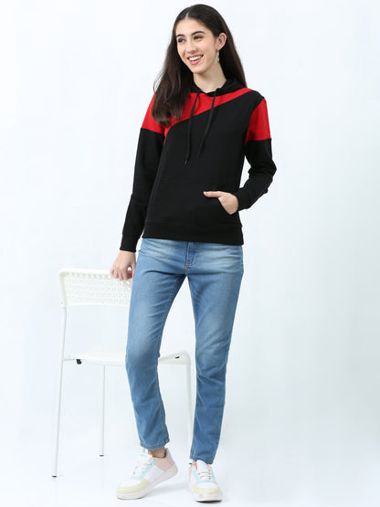 Women's Cotton Color Block Redblack Color Sweatshirt Hoodies