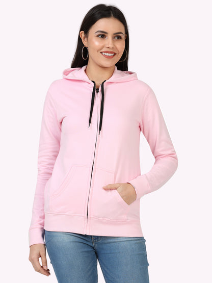 Women's Cotton Plain Full Sleeve Light Pink Color Hoodies/Sweatshirt