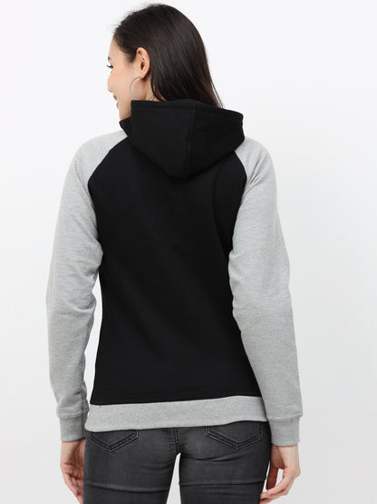 Women's Cotton Color Block Raglan Black & Grey Melange Color Full Sleeve Sweatshirt/Hoodies