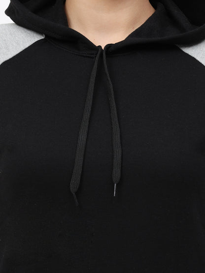 Women's Cotton Color Block Raglan Black & Grey Melange Color Full Sleeve Sweatshirt/Hoodies