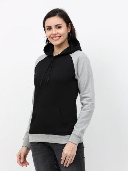 Women's Cotton Color Block Raglan Black & Grey Melange Color Full Sleeve Sweatshirt/Hoodies