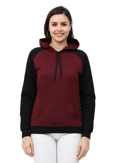 Women's Cotton Color Block Raglan Maroon & Black Color Full Sleeve Sweatshirt/Hoodies