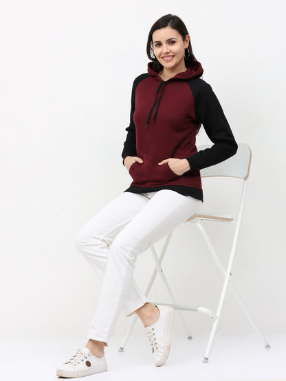 Women's Cotton Color Block Raglan Maroon & Black Color Full Sleeve Sweatshirt/Hoodies