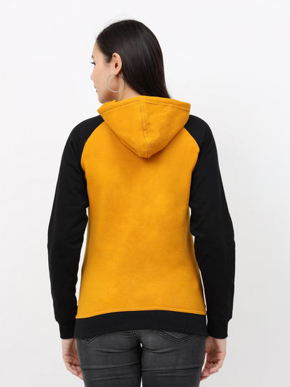 Women's Cotton Color Block Raglan Mustard Yellow & Black Color Full Sleeve Sweatshirt/Hoodies