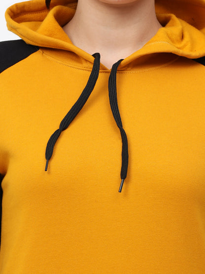 Women's Cotton Color Block Raglan Mustard Yellow & Black Color Full Sleeve Sweatshirt/Hoodies