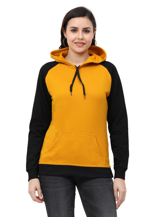 Women's Cotton Color Block Raglan Mustard Yellow & Black Color Full Sleeve Sweatshirt/Hoodies