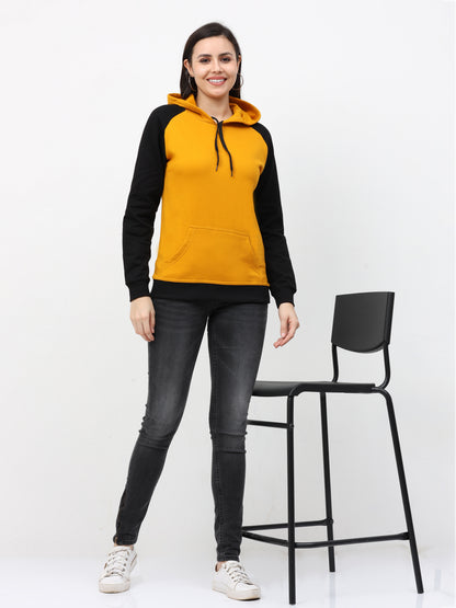 Women's Cotton Color Block Raglan Mustard Yellow & Black Color Full Sleeve Sweatshirt/Hoodies