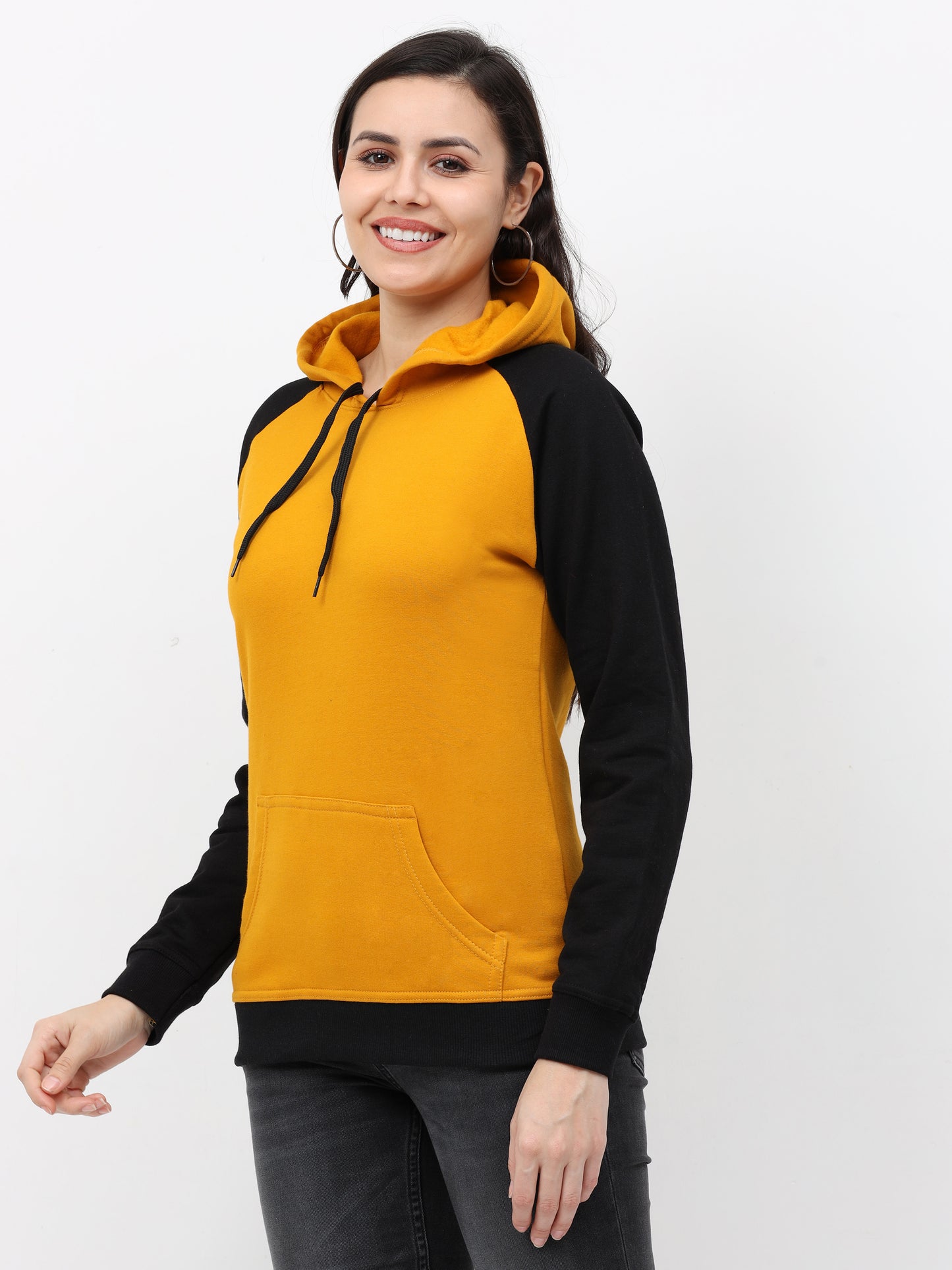 Women's Cotton Color Block Raglan Mustard Yellow & Black Color Full Sleeve Sweatshirt/Hoodies
