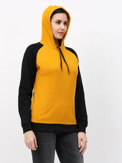 Women's Cotton Color Block Raglan Mustard Yellow & Black Color Full Sleeve Sweatshirt/Hoodies