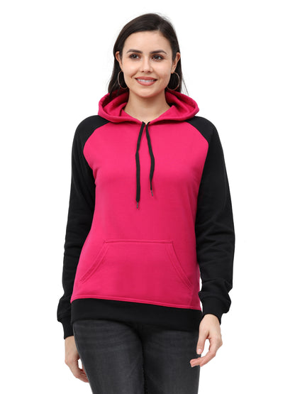 Women's Cotton Color Block Raglan Pink & Black Color Full Sleeve Sweatshirt/Hoodies