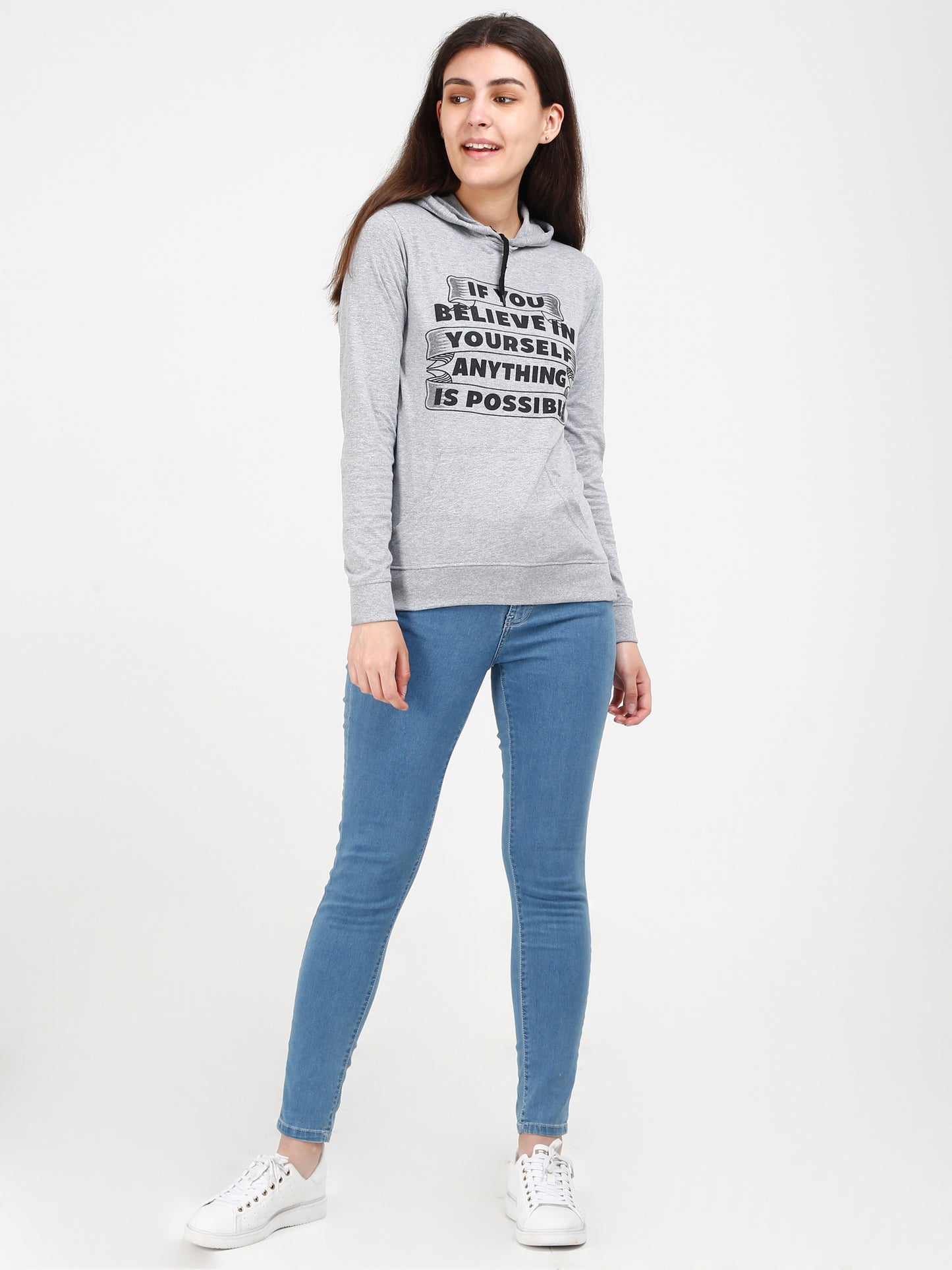 Women's Cotton Printed Full Sleeve Grey Melange Color Sweatshirt/Hoodies