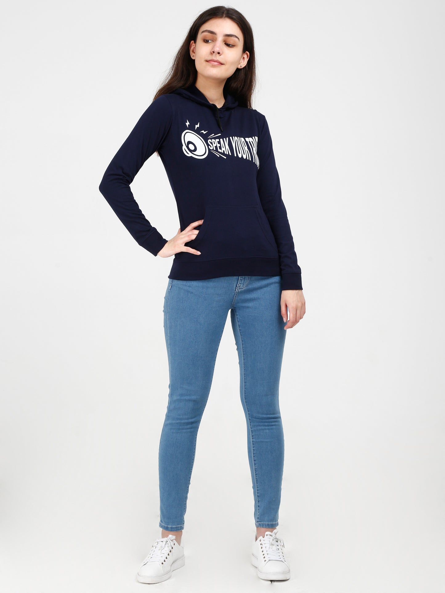 Women's Cotton Printed Full Sleeve Navy Blue Color Sweatshirt/Hoodies