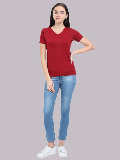 Fleximaa Women's Cotton Plain V Neck Half Sleeve T-Shirt - fleximaa-so