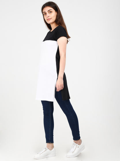 Women's Cotton Color Block Blackwhite Color Long Top