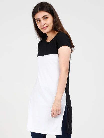 Women's Cotton Color Block Blackwhite Color Long Top