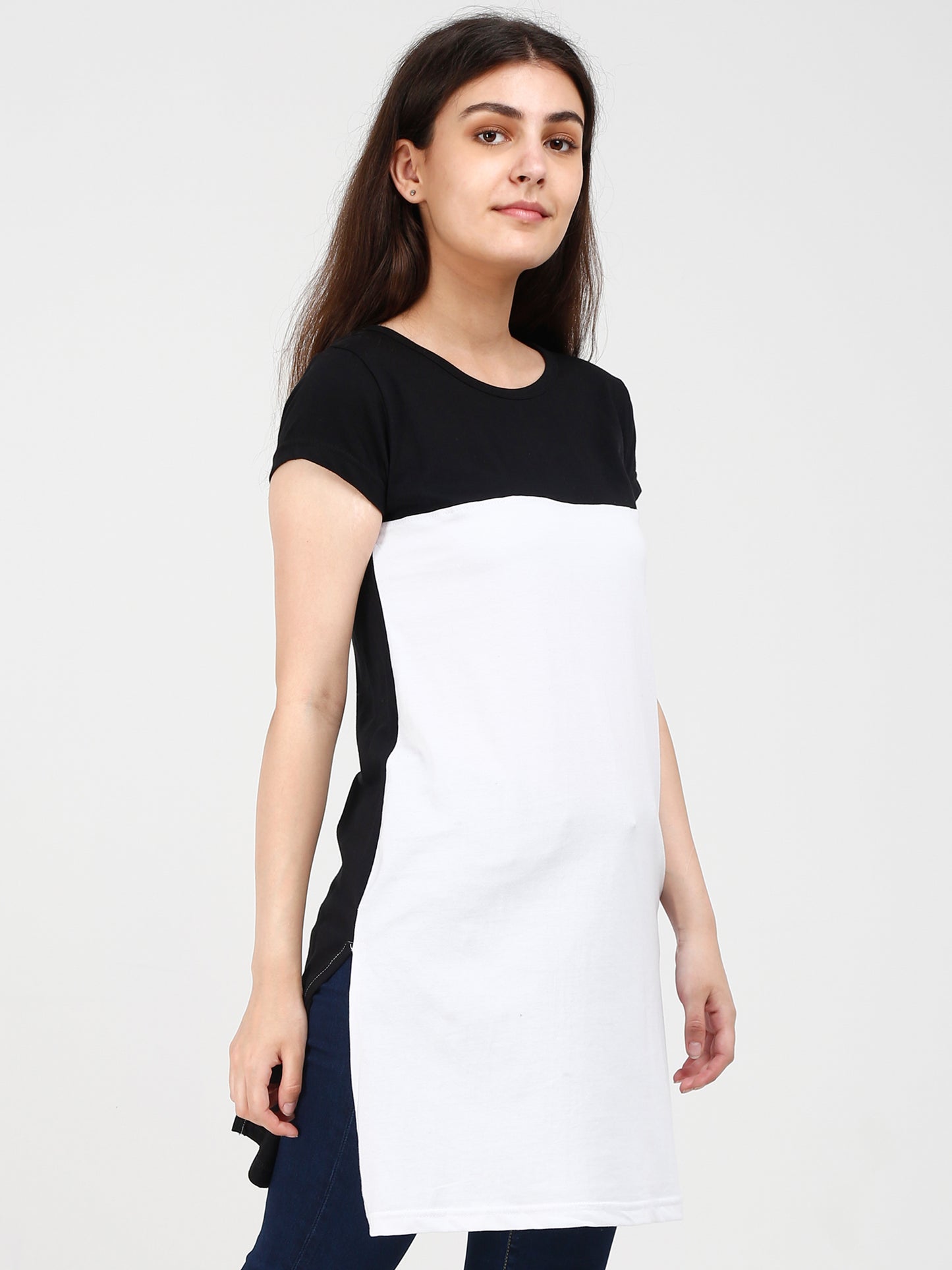 Women's Cotton Color Block Blackwhite Color Long Top