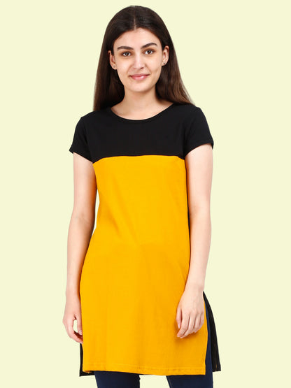 Women's Cotton Color Block Blackyellow Color Long Top