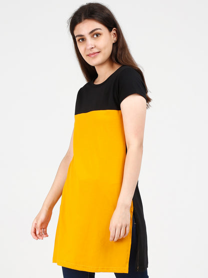 Women's Cotton Color Block Blackyellow Color Long Top