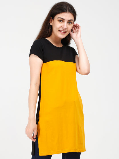 Women's Cotton Color Block Blackyellow Color Long Top
