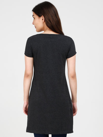 Women's Cotton Color Block Charcoalgrey Color Long Top