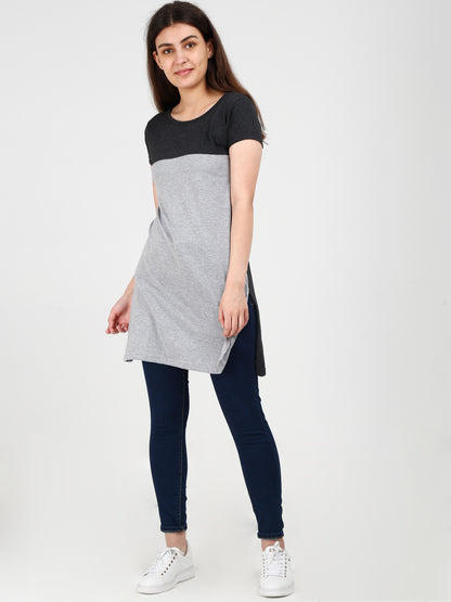 Women's Cotton Color Block Charcoalgrey Color Long Top