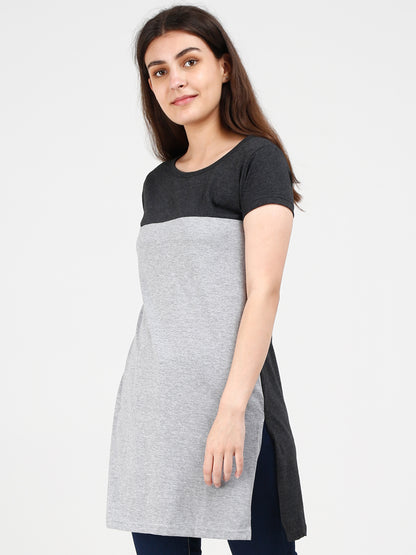 Women's Cotton Color Block Charcoalgrey Color Long Top