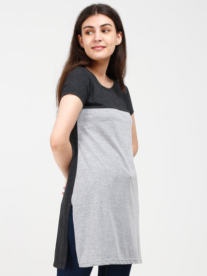 Women's Cotton Color Block Charcoalgrey Color Long Top