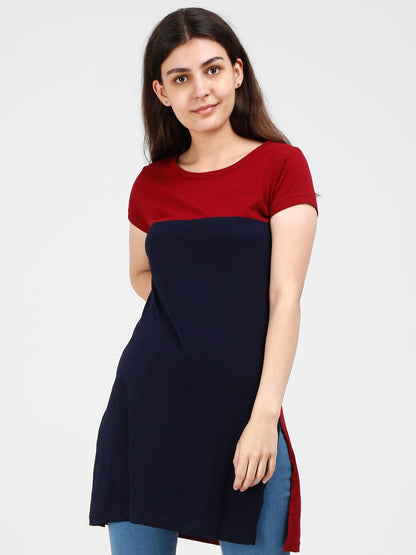 Women's Cotton Color Block Maroonnavy Color Long Top