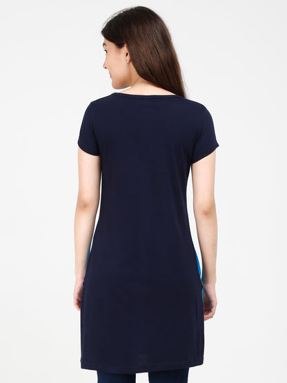 Women's Cotton Color Block Navyturquoise Color Long Top