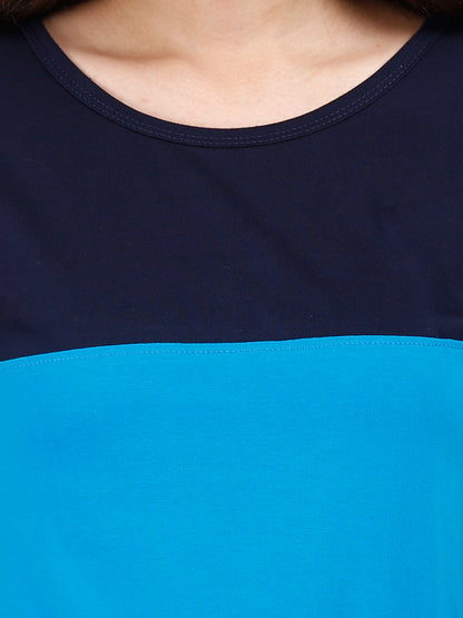 Women's Cotton Color Block Navyturquoise Color Long Top