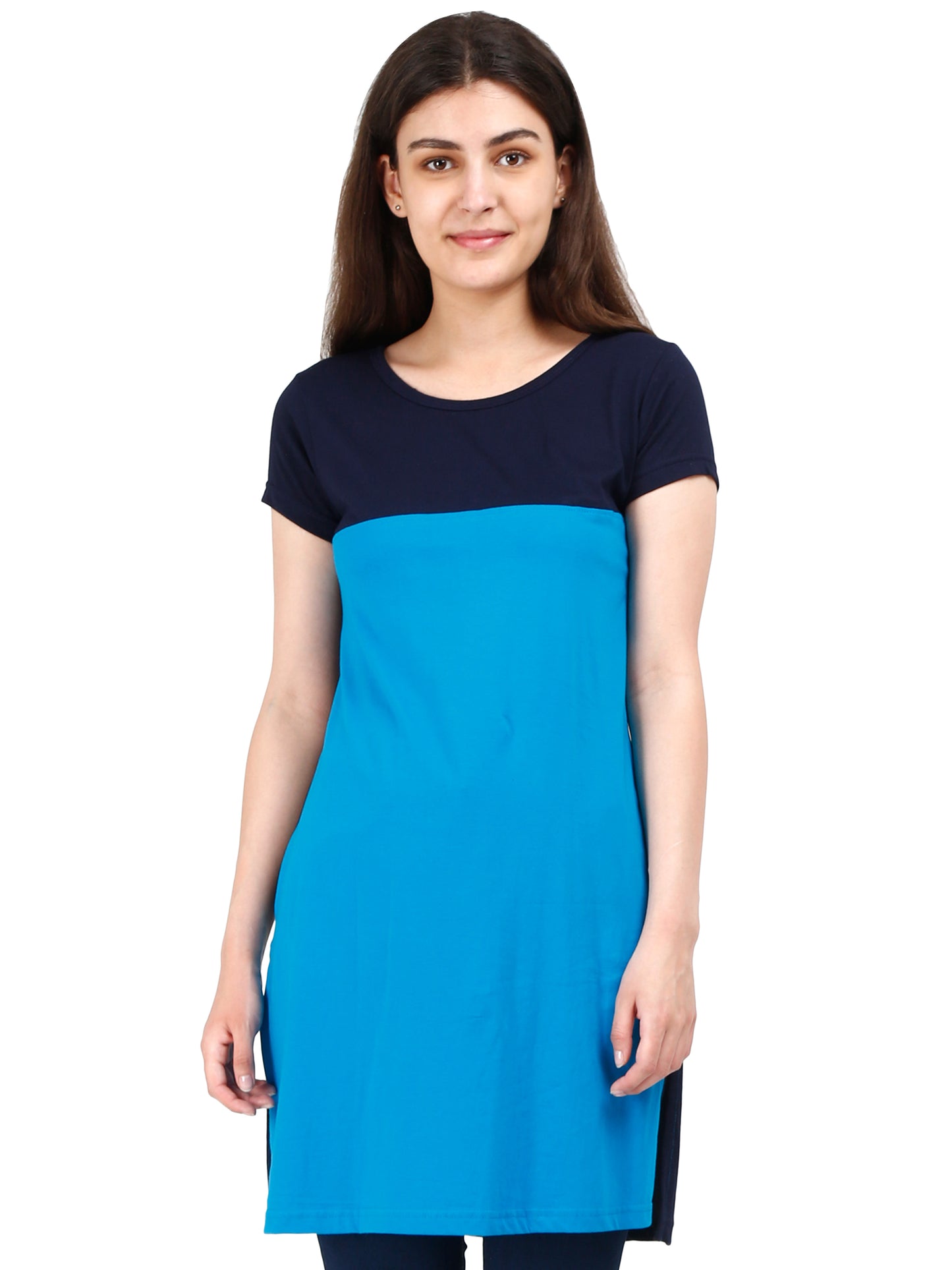 Women's Cotton Color Block Navyturquoise Color Long Top