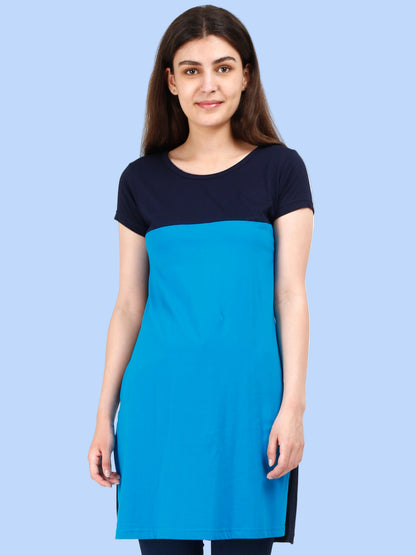 Women's Cotton Color Block Navyturquoise Color Long Top