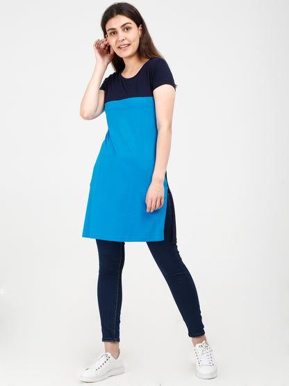 Women's Cotton Color Block Navyturquoise Color Long Top