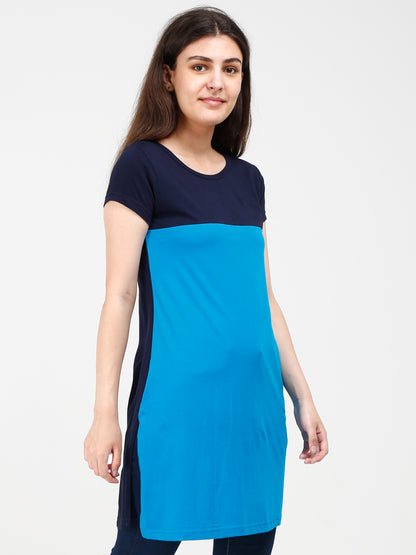 Women's Cotton Color Block Navyturquoise Color Long Top