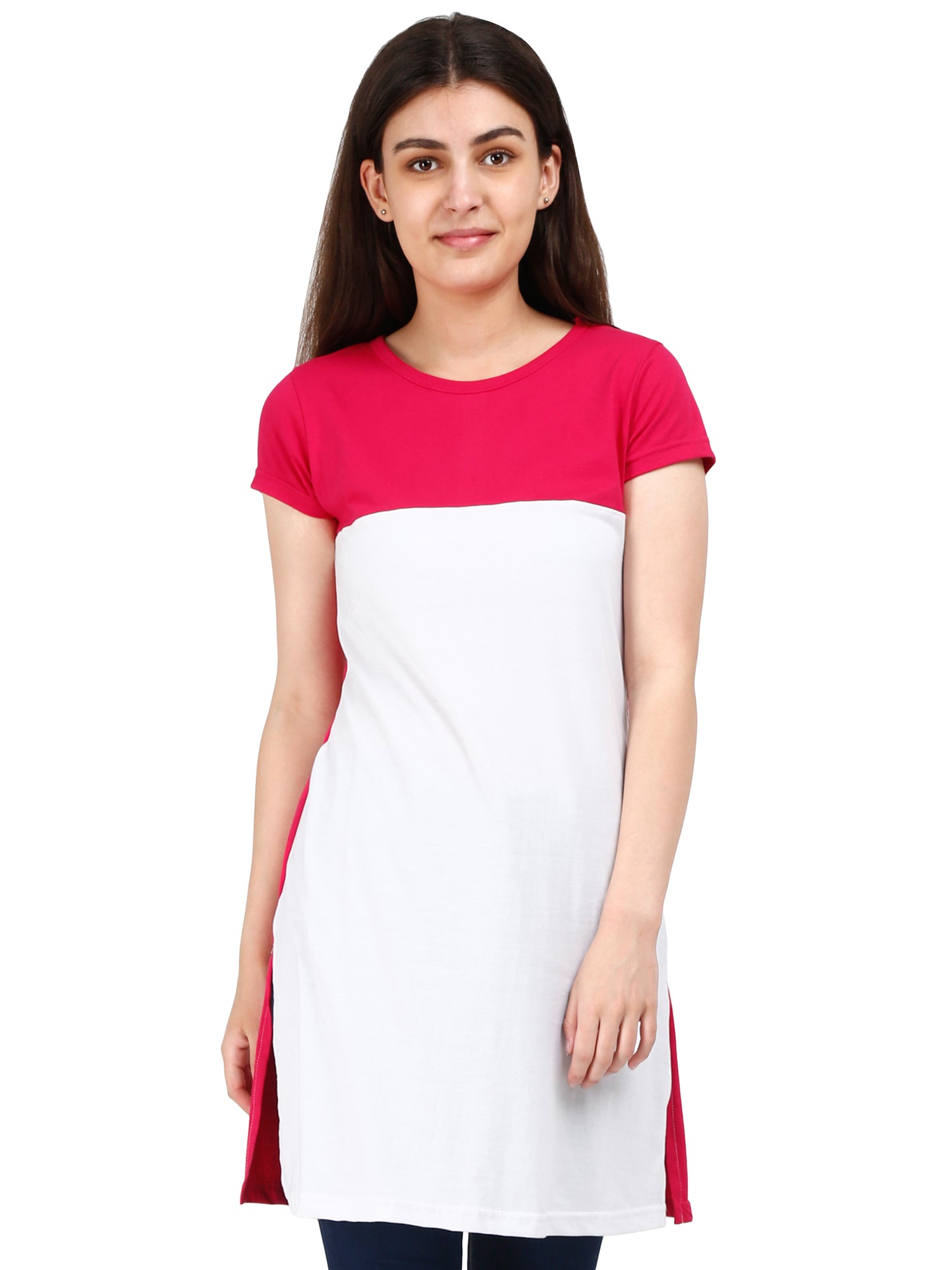 Women's Cotton Color Block Pinkwhite Color Long Top