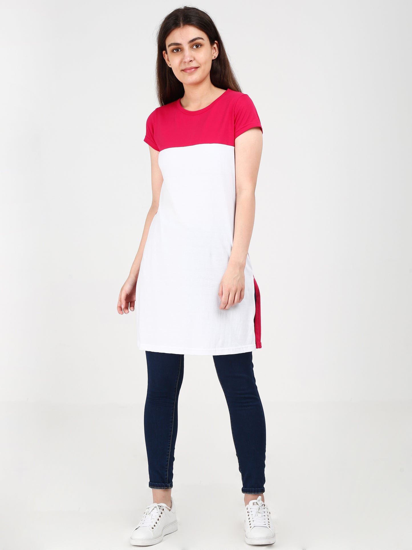Women's Cotton Color Block Pinkwhite Color Long Top